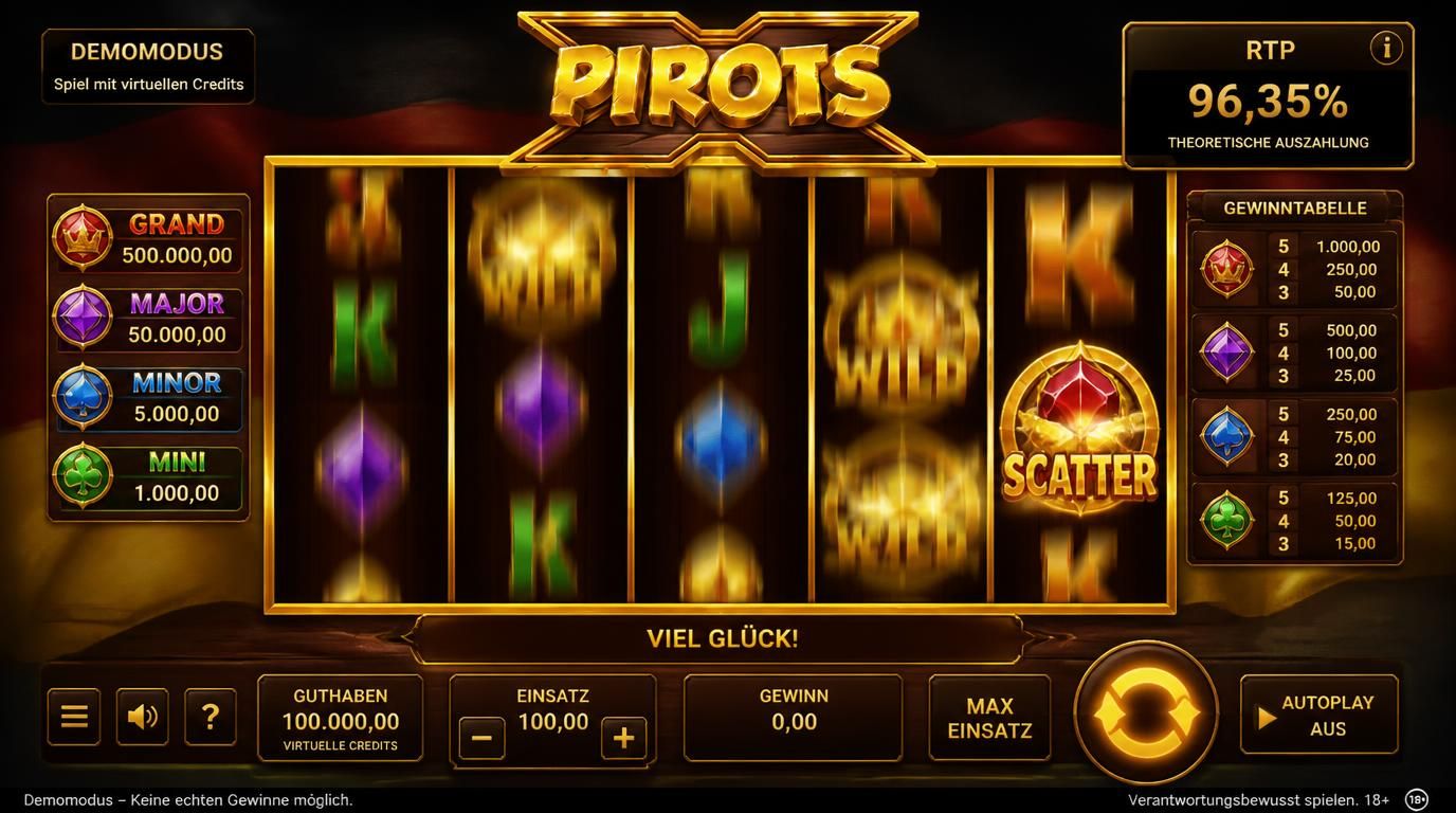 Bild einer Casino-Demoumgebung mit virtuellen Credits und RTP-Anzeige in einem deutschen Stil