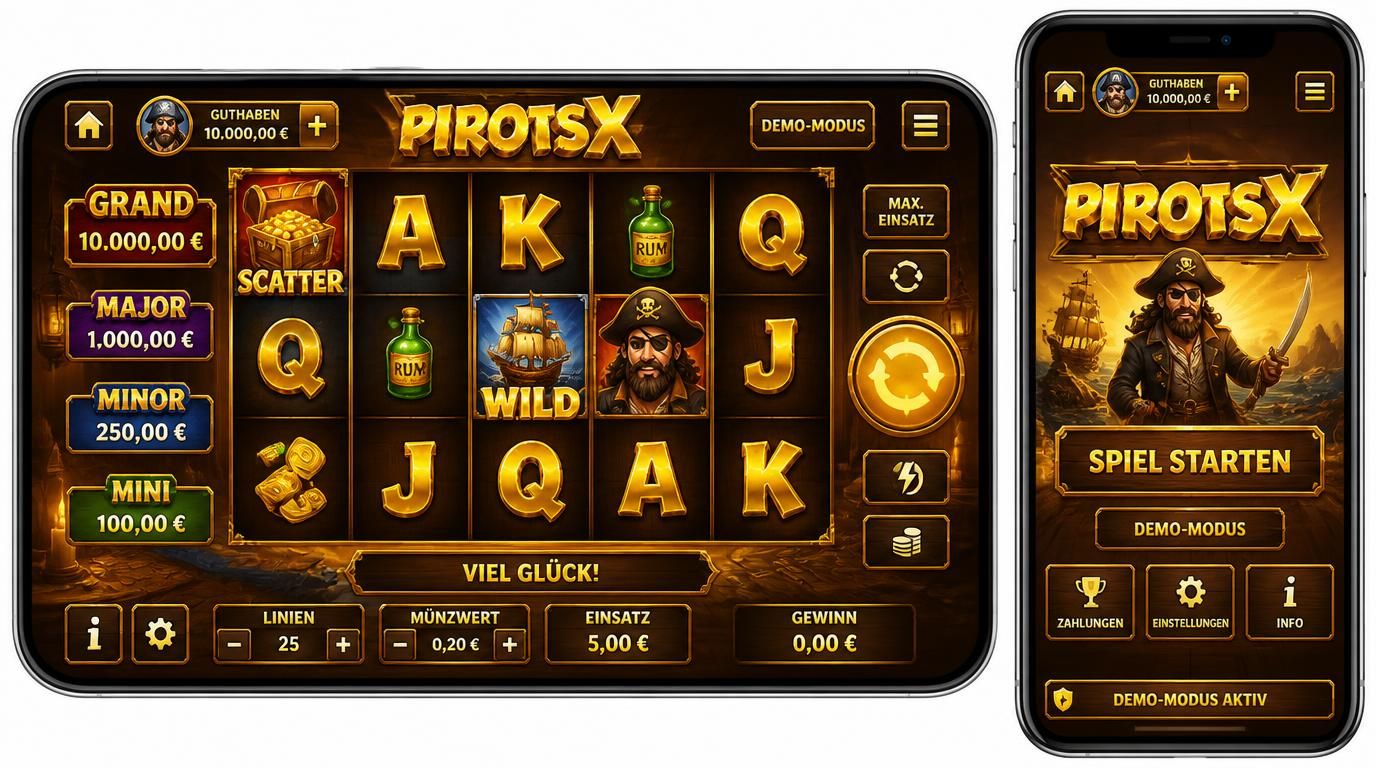 Bild eines Smartphones und Tablets mit dem Pirots X Slot, klaren Animationen und Demo-Schaltfläche
