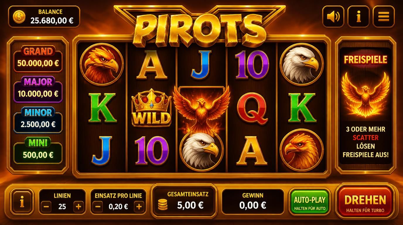 Ansicht der Slot-Oberfläche von Pirots x mit kräftigen Symbolen und klaren Bedienelementen
