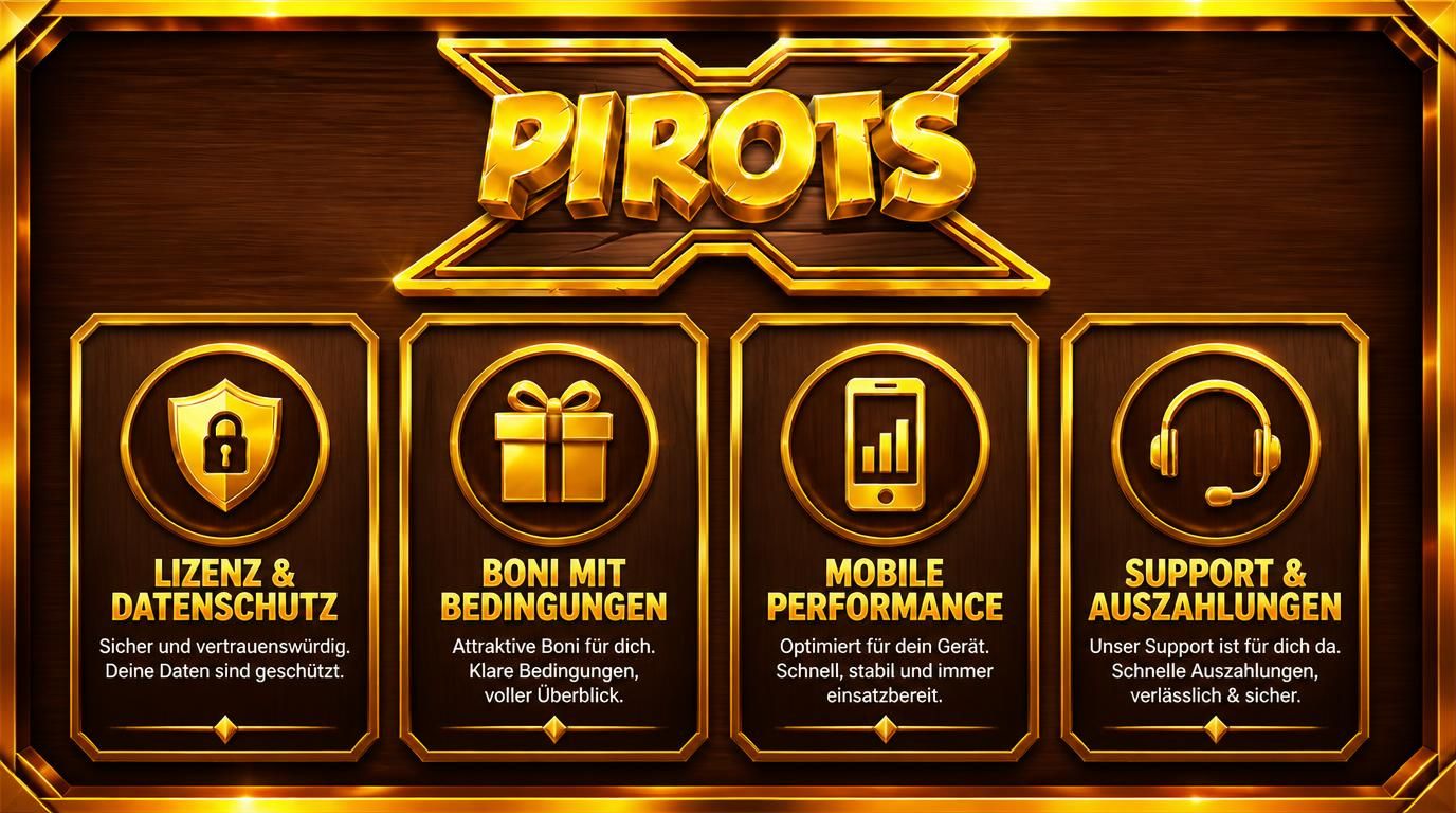 Vier Icons mit Lizenz, Bonus, Mobilität und Support