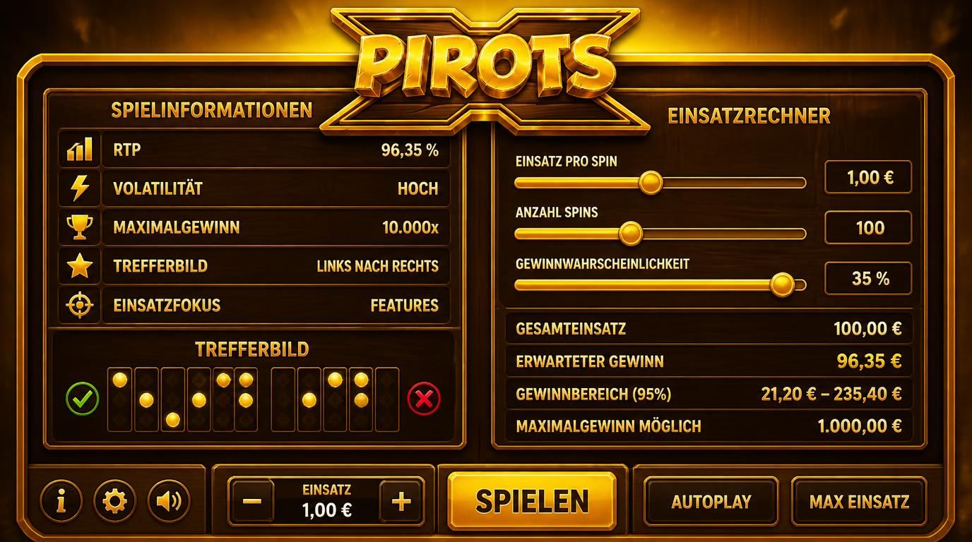 Rechneranzeige mit wichtigen Werten wie RTP, Volatilität und Einsatz